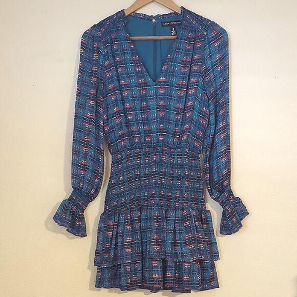 Aqua/Pendleton Womens Ruffled V-Neck Blue Southwest Print Shimmer Mini Dress XS - Picture 3 of 9